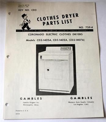 Coronado Electric Clothes Dryers Parts List For Models