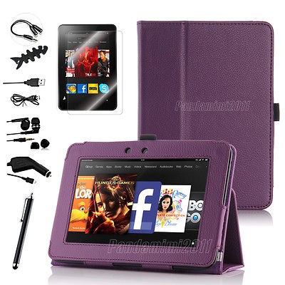 For Kindle Fire HD 7 PU Leather Case Cover Stand/Car Charger/Stylus 