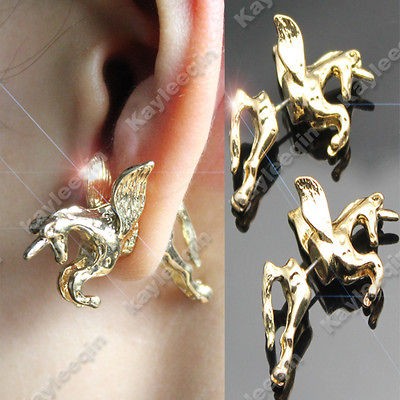 Gold False Plug 3D Unicorn Pony Flying Horse Earrings Ear Stud Fancy 