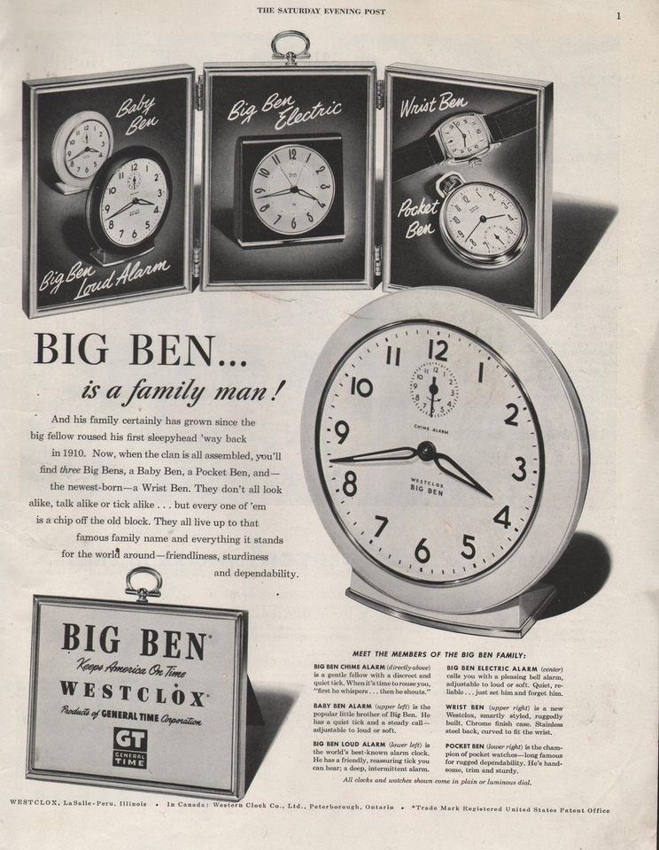 1951 VINTAGE WESTCLOX MADE BY BIG BEN CLOCK FAMILY MAN PRINT AD