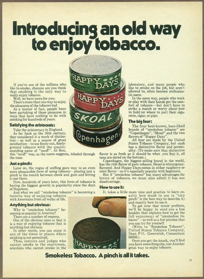   Tobacco 1972 print ad, Happy Days, Skoal, Coppenhagen Chewing Tobacco