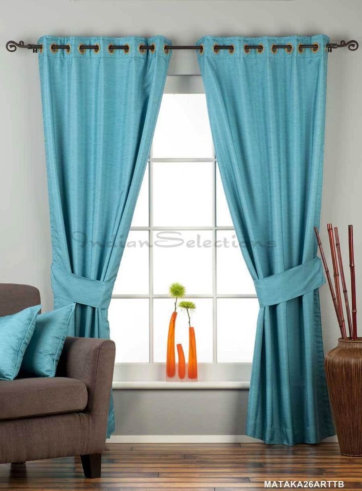 Turquoise Ring Top Matka Raw Silk Curtain / Drape with matching 
