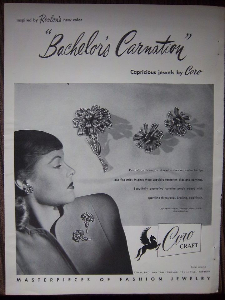   Vintage Coro Craft Bachelors Carnation Pin Brooch earrings JEWELRY Ad