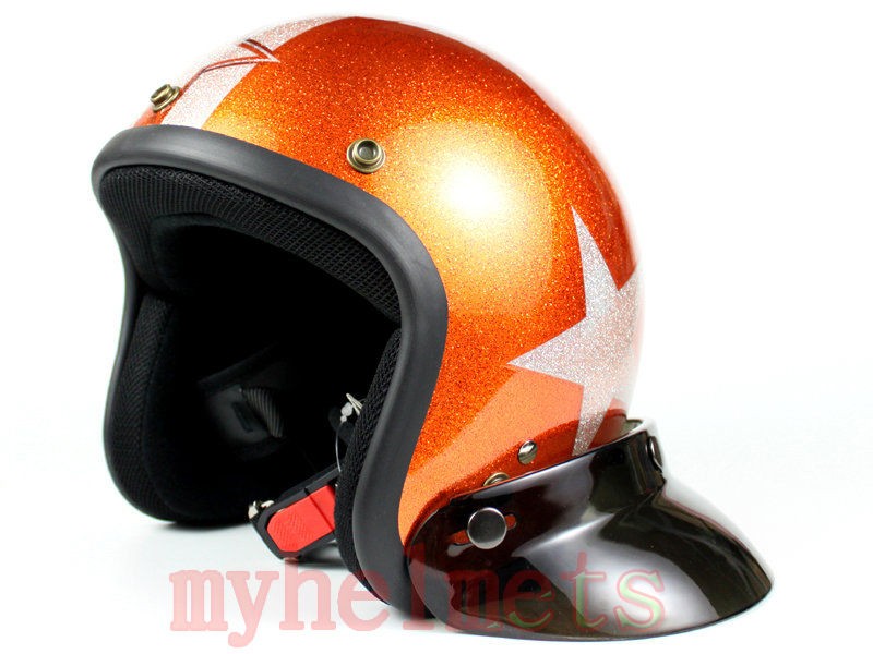 Metal Flake Orange Open Face Old School Scooter Motorcycl Helmet M L 