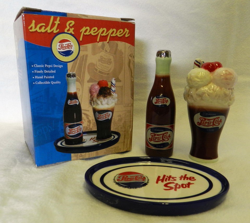Handpainted Pepsi Cola Soda Fountain Float Salt Pepper Tray Shaker Set 