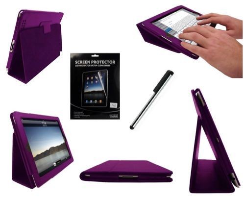APPLE IPAD 2 PURPLE LEATHER FLIP CASE COVER TYPING STAND