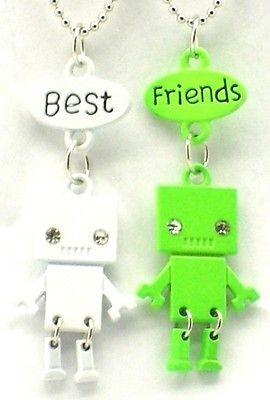   Friend Robot Charm 2 Pendant 2 Necklace Green White Friendship BFF