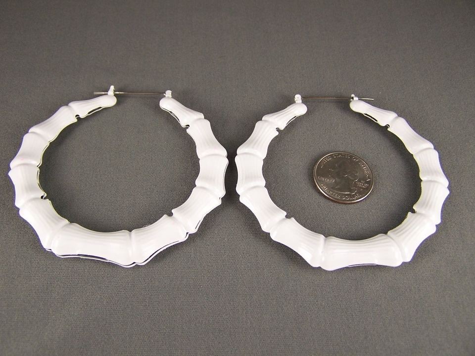 White BIG hoops bamboo earrings 3.25 door knocker hoop hollow metal