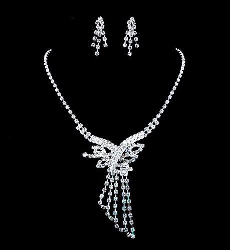 Wedding Bridal Set, Rhinestone Crystal Clear Necklace Earrings,Unisex 