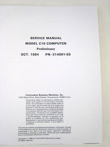 SERVICE MANUAL Commodore 16 Model C16 Computer Prelim.