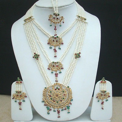STUNNING INDIAN RANI HAAR JEWELRY SET PEARL BRIDAL LONG NECKLACE 