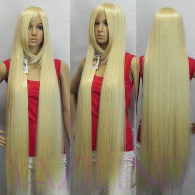   Tangled light blonde straight long blue synthetic cosplay wig cap s2