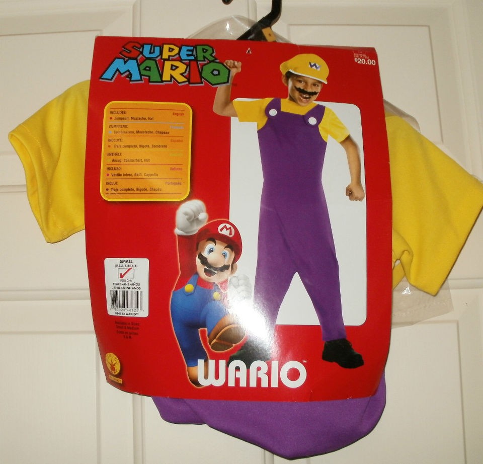 New Boys WARIO Super Mario Nintendo Costume Jumpsuit Mustache Hat S or 