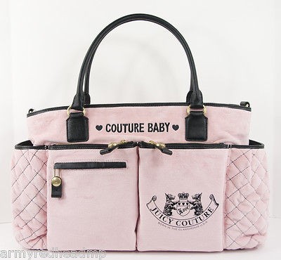 NEW JUICY COUTURE PINK BLACK LEATHER VELOUR X LARGE BABY DIAPER BAG 