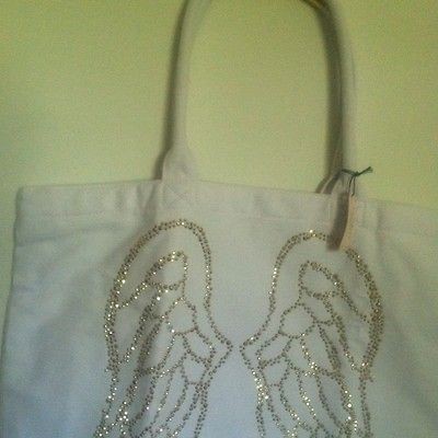   Secret LARGE Tote Bag/Shopper ANGEL Wings White Sparkling Gold Studs