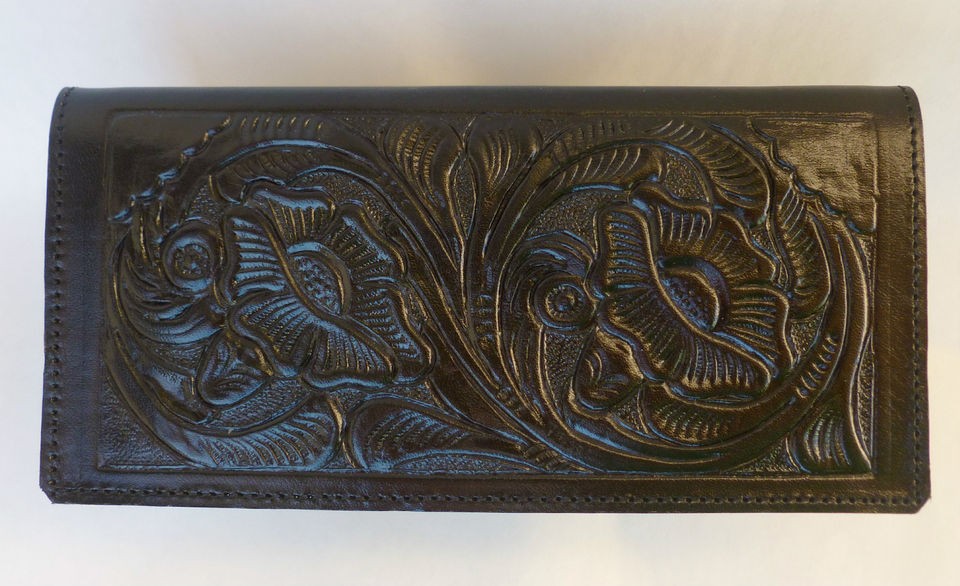 Mens Black Leather Hand Tooled Roper Wallet, Billfold, Rodeo Cowboy