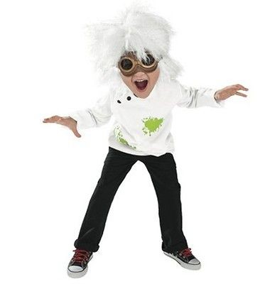 Mad Scientist Child Costume White Wig, Goggles, Lab Coat Albert 