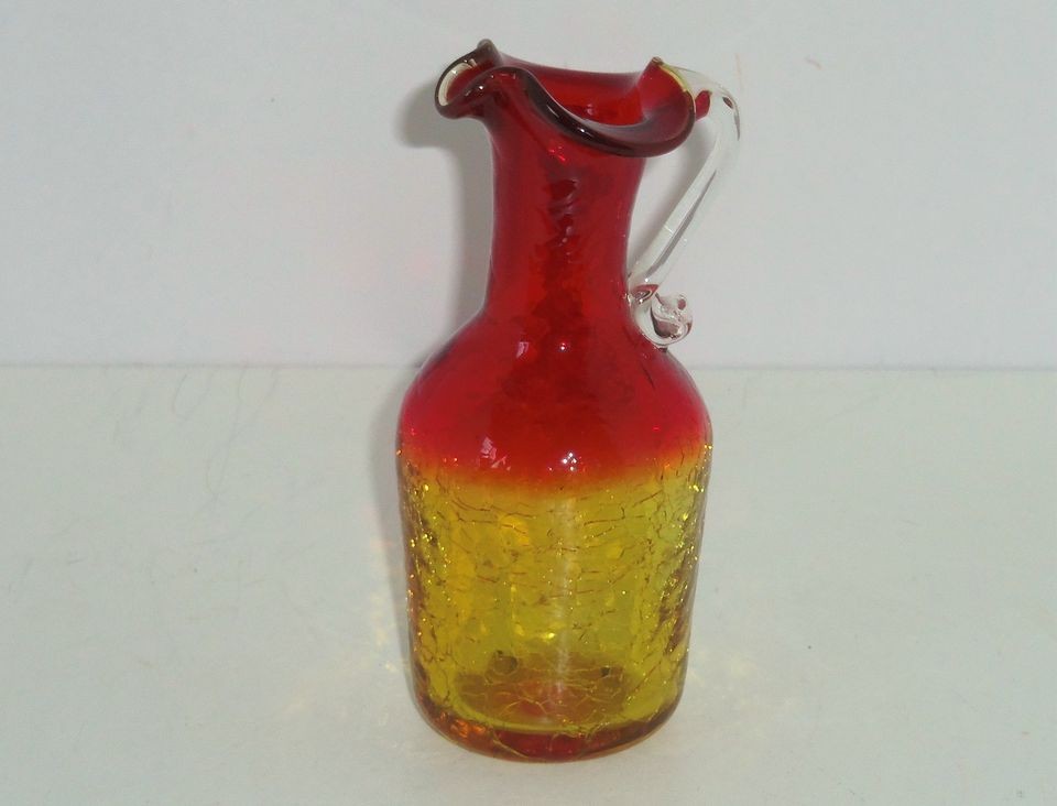 Amberina Crackle Blown Glass Pitcher Applied Handle Red Gold Vintage 