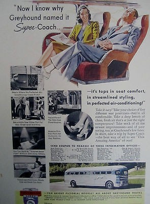1940 Vintage Advertising GREYHOUND BUS LINES SUPER COACH Color Sign Ad