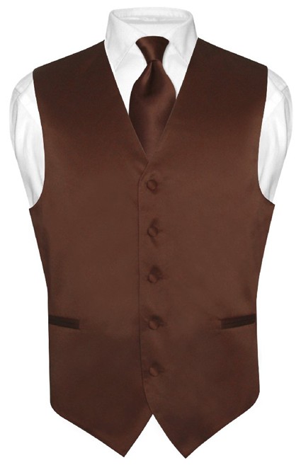 Mens CHOCOLATE BROWN Tie Dress Vest NeckTie Set for Suit or Tuxedo 