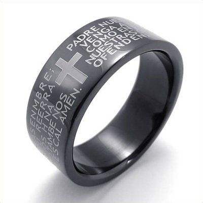 Size 8 Black The Lord Prayer Cross Stainless Steel Band Mens Ring 
