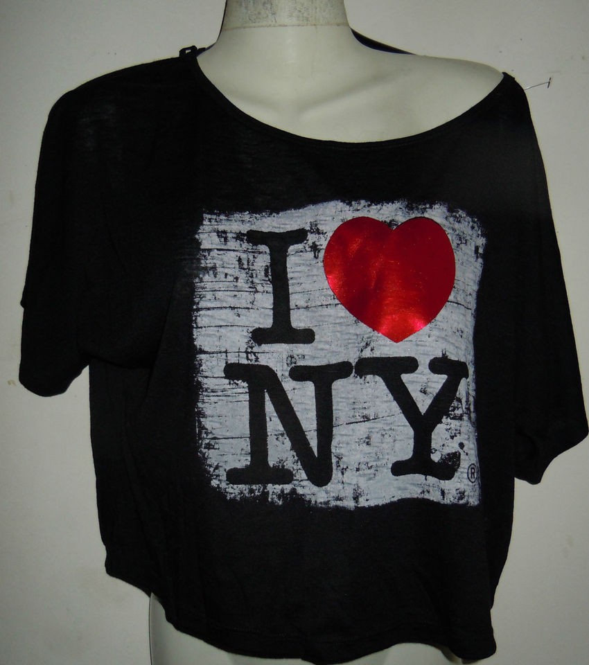 Ladies Crop Top Shirt black with License I Love NY patent