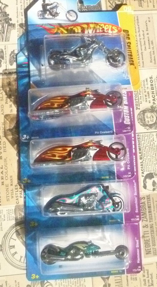 HOT WHEELS LOT OF 5 Custom Bikes 1,3,and 4+OCC Splitback# 09