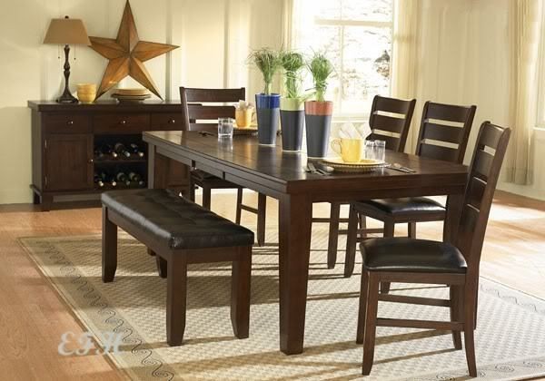 6pc dark oak finish wood dining table set bench chairs