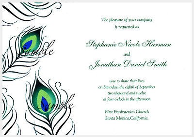 100 Personalized Peacock Feather Wedding Invitations Set / RSVP 