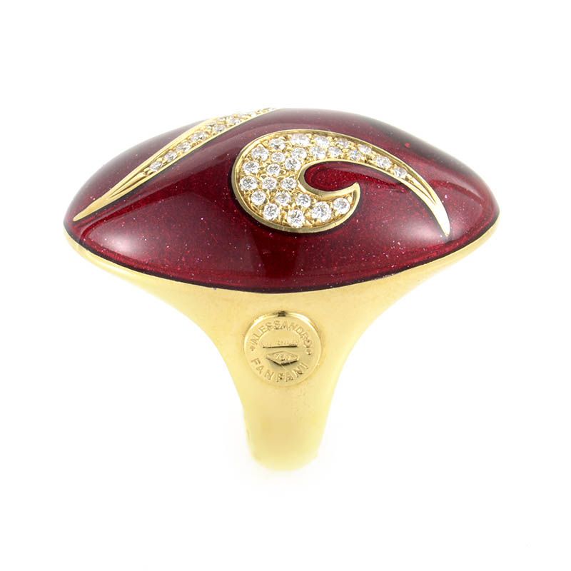 Alessandro Fanfani 18K Yellow Gold Red Enamel Diamond Shield Ring 