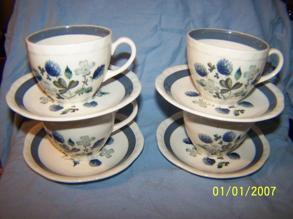 Vtg Alfred Meakin England Blue Clover Pattern 4 Coffee Tea Cups and 