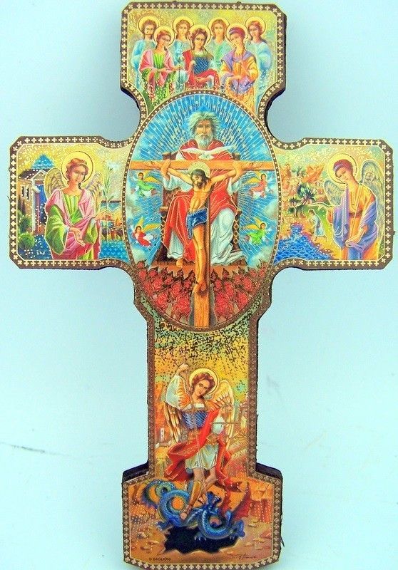 Saint St Michael Archangels w Devil Catholic Wood Crucifix Wall Cross 