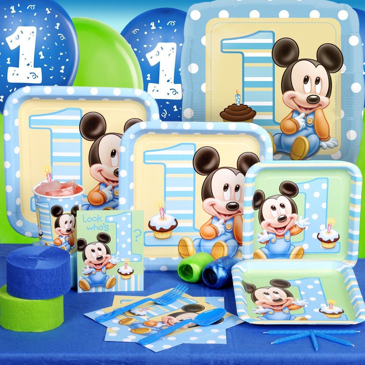 MICKEY MOUSE 1ST FIRST BIRTHDAY PARTY PACK FOR 8 PARTYWARE PARTY 