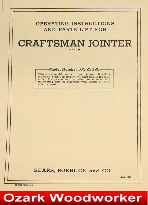 CRAFTSMAN 6 Jointer 103.23320 Owners Operators & Parts Manual 0900