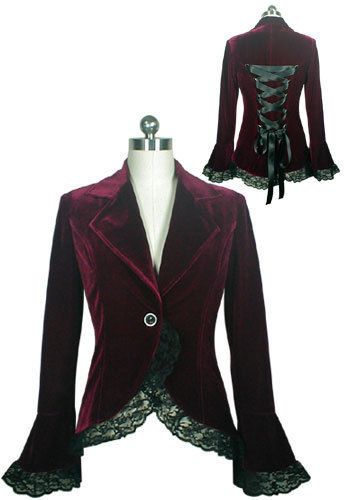 Burgundy Gothic Velvet Corset Coat Jacket Victorian Steampunk Medieval 