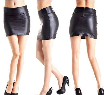 New Hot Fashion Women Stretch PU Leather Look Tights Back Zip Mini 