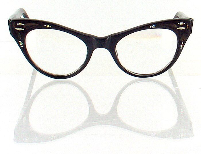 Vintage Cat Eye Glasses Eyeglasses Black Lucite Rhinestones Raybert 