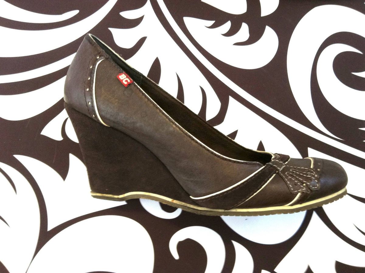 40s Style BC footwear leather wedges heels brown cream shoes CUTE 