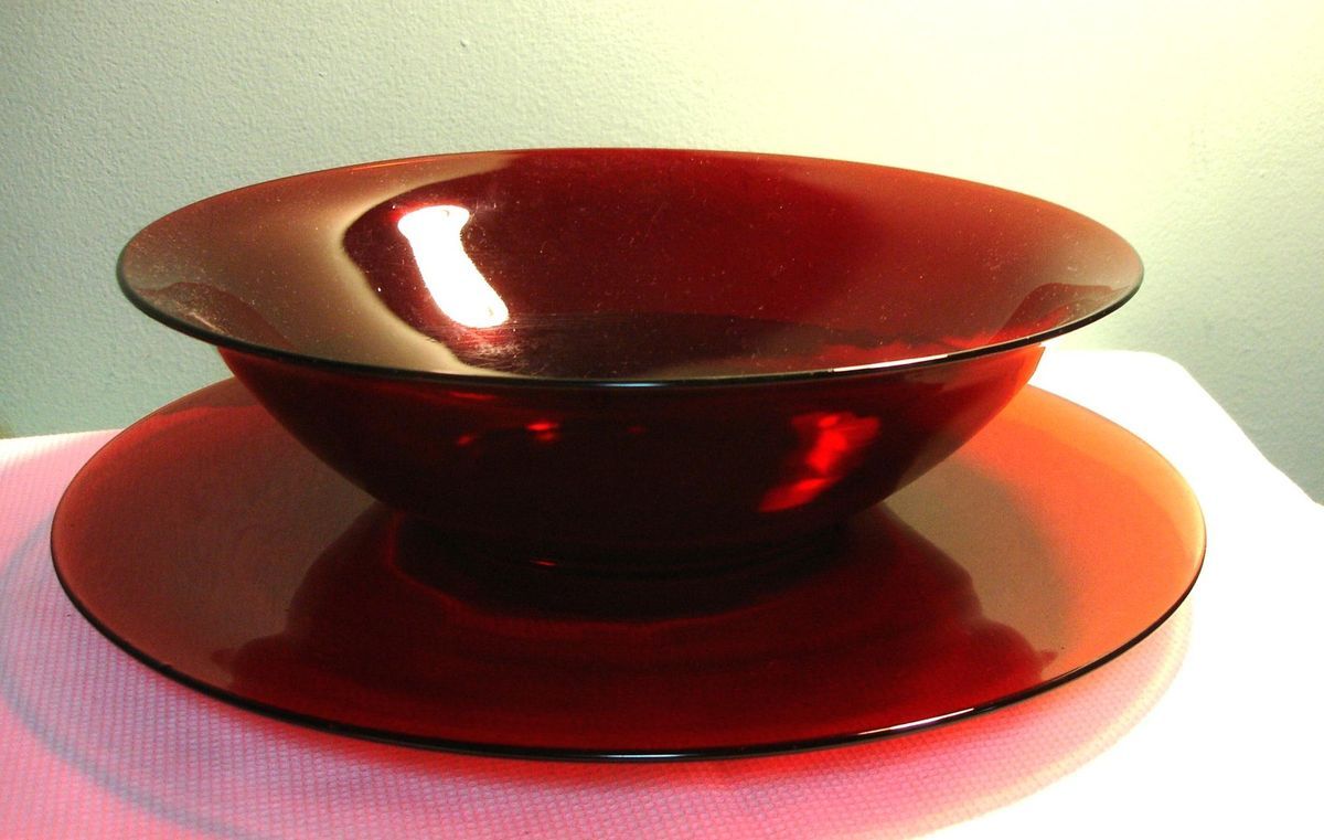 Vintage Hocking Royal Ruby Red Large Salad Bowl Underplate EXCLNT Cond 