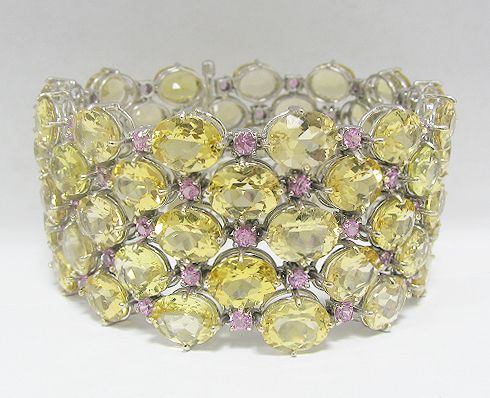 18K White Gold Bracelet w Beryl Stones Pink Sapphires