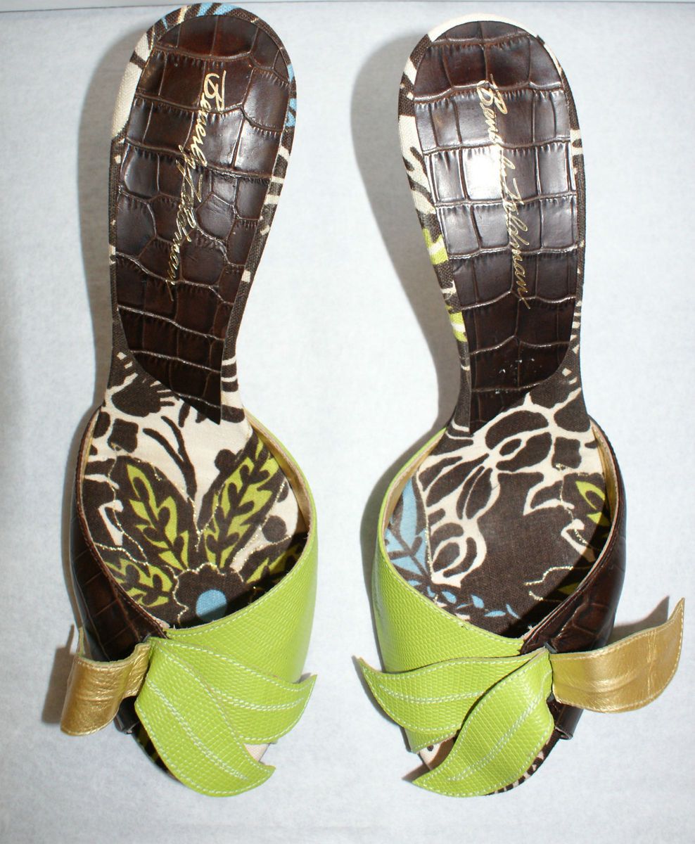 BEVERLY FELDMAN Brown Green Leaf Heels Sz 42 OR 12 EUC