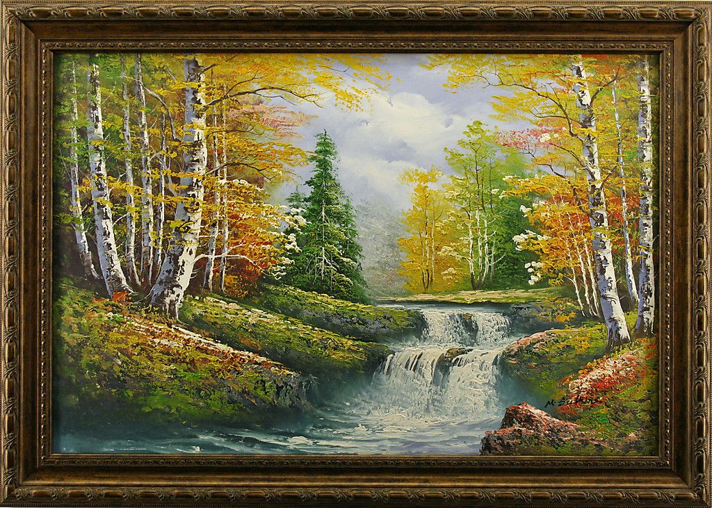 Birch Trees River Autumn Forest Landscape Art FRAMED OIL PAINTING