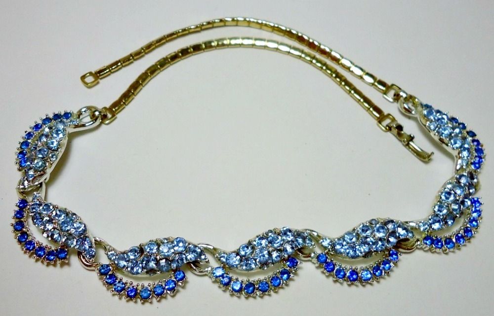Gold Blue Crystal Rhinestone large link Choker Necklace Stunning