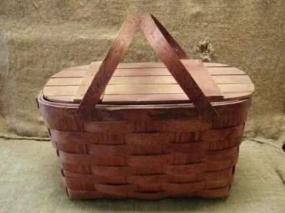 Vintage Weaved Picnic Basket Antique Box Boxes Wooden