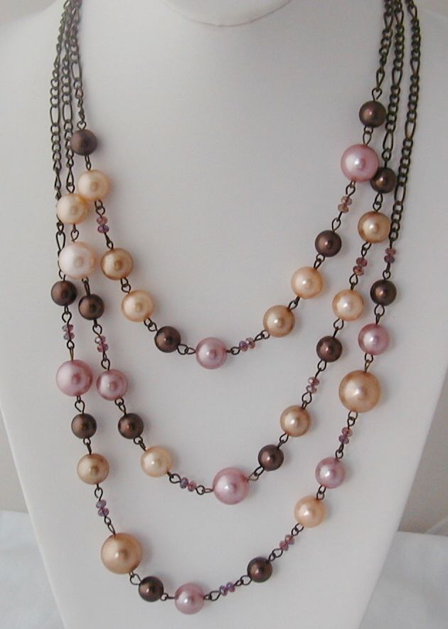Vintage Pink Mocha Bronze Pearl Multi Level Brass Chain Necklace