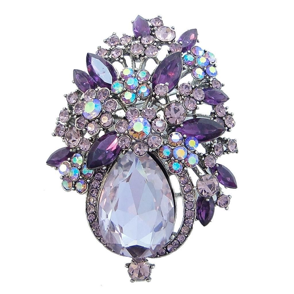 Gorgeous Flower Drop Brooch Pin Purple Rhinestone Crystal Pendant