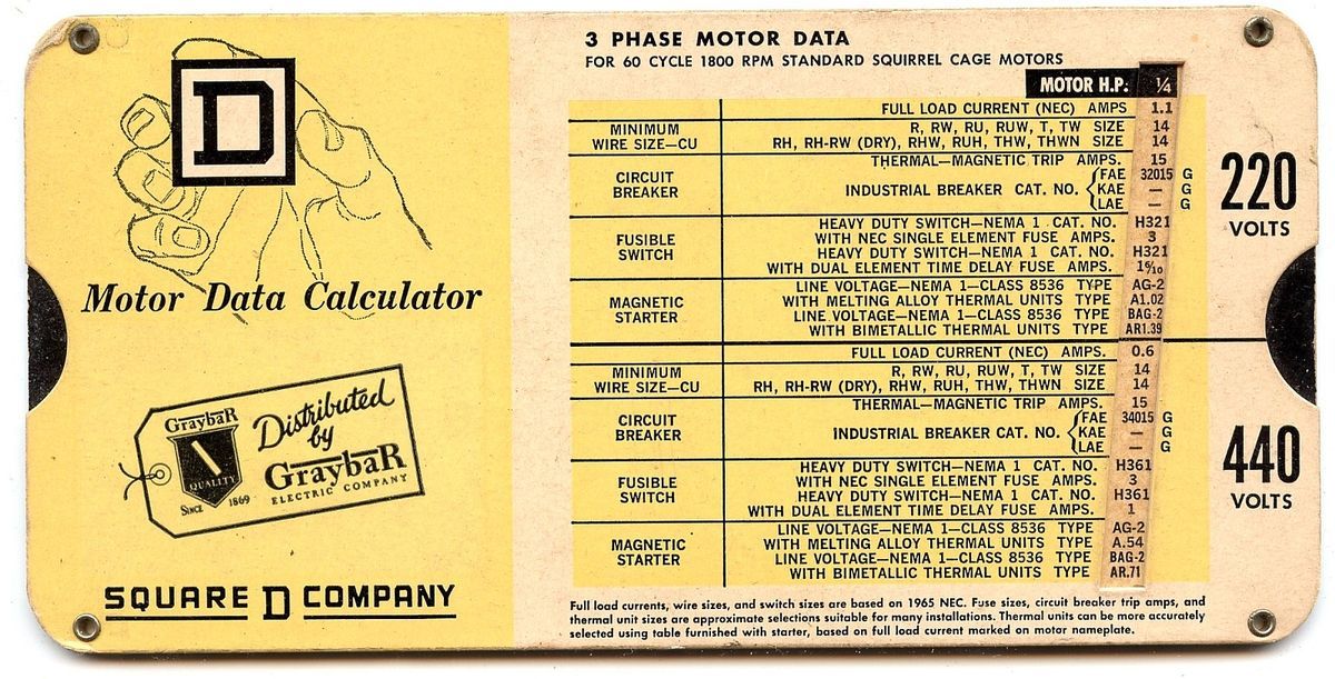Motor Data Calculator SQUARE D COMPANY 3Phase 1965 Slide Chart GRAYBAR 