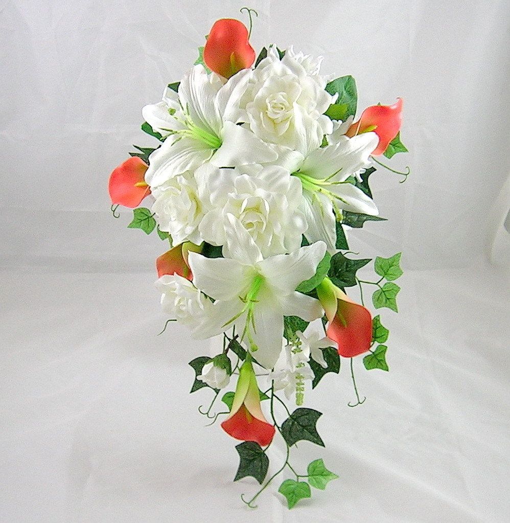 Artificial Wedding Silk Flower Orange Calla Lily Hanging Bouquet