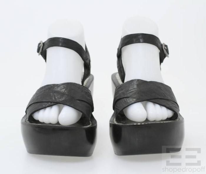 Calleen Cordero Black Leather Juana Wooden Platform Sandals Size 7 5 