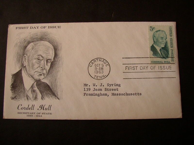 Vintage 63 Cordell Hull 1st Day Cover 5 Cent Stamp